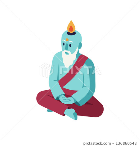 Mystic blue-skinned sage meditating in seated lotus pose with flame on head spiritual vector illustration Mystic blue-skinned sage meditating in seated lotus pose with flame on head spiritual vector illustration 136860548