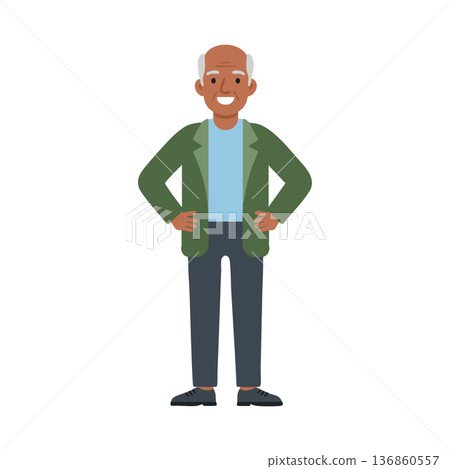 Elderly man standing confidently wearing green jacket and blue shirt casual style vector illustration 136860557