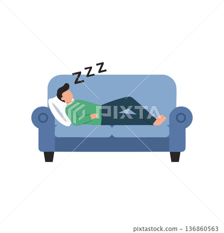 Man sleeping on blue couch resting comfortably with pillow and closed eyes relaxing at home 136860563