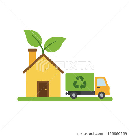 Eco friendly house with green leaves and recycling truck sustainability concept vector illustration Eco friendly house with green leaves and recycling truck sustainability concept vector illustration 136860569