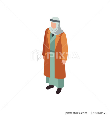 Middle Eastern man wearing traditional clothing and orange coat standing in vector style illustration Middle Eastern man wearing traditional clothing and orange coat standing in vector style illustration 136860570