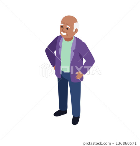 Elderly man standing smiling wearing purple blazer and casual clothes isolated vector illustration Elderly man standing smiling wearing purple blazer and casual clothes isolated vector illustration 136860571