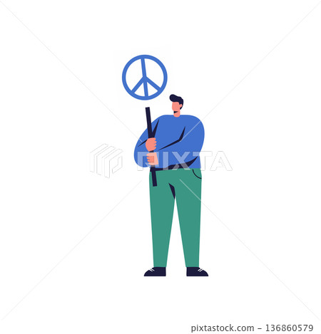 Man holding blue peace symbol sign promoting harmony and nonviolence with calm expression vector illustration Man holding blue peace symbol sign promoting harmony and nonviolence with calm expression vector illustration 136860579