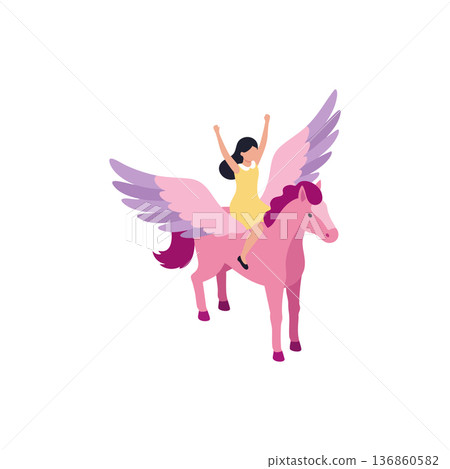 Winged pink horse with woman riding and raising arms fantasy mythical creature vector illustration 136860582