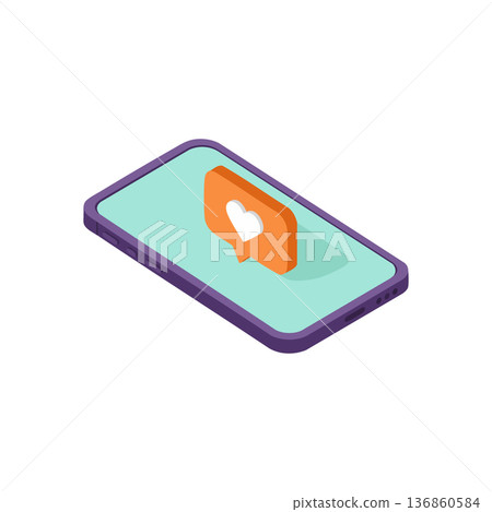 Smartphone with social media like notification heart icon in isometric style modern digital communication technology vector illustration Smartphone with social media like notification heart icon in isometric style modern digital communication technology vector illustration 136860584