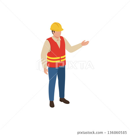 Construction worker wearing yellow helmet and orange safety vest standing with hand raised vector illustration Construction worker wearing yellow helmet and orange safety vest standing with hand raised vector illustration 136860585