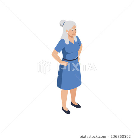 Elderly woman standing with hands on hips wearing blue dress and black shoes vector illustration Elderly woman standing with hands on hips wearing blue dress and black shoes vector illustration 136860592