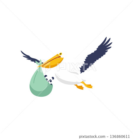 Pelican flying with green sack carrying baby panda vector illustration in white background 136860611