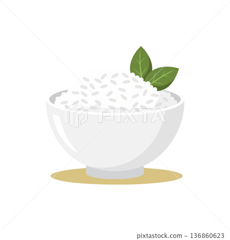 Bowl of white rice with green leaves simple vector design for food and healthy eating concept illustration Bowl of white rice with green leaves simple vector design for food and healthy eating concept illustration 136860623