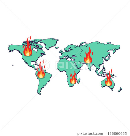 World map with highlighted fire zones representing global warming and climate change impact vector illustration World map with highlighted fire zones representing global warming and climate change impact vector illustration 136860635