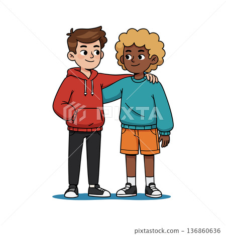 Two young boys standing close with arm around shoulder showing friendship and happiness in casual clothing 136860636
