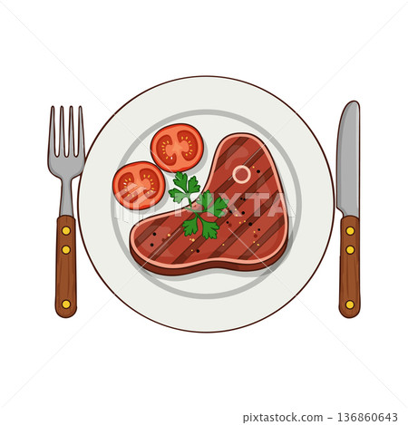 Grilled steak with fresh tomato slices and parsley garnish served on white plate with fork and knife vector illustration Grilled steak with fresh tomato slices and parsley garnish served on white plate with fork and knife vector illustration 136860643