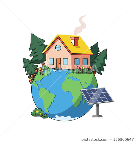 House with yellow roof surrounded by trees and solar panel on globe representing sustainable green energy and eco friendly living House with yellow roof surrounded by trees and solar panel on globe representing sustainable green energy and eco friendly living 136860647