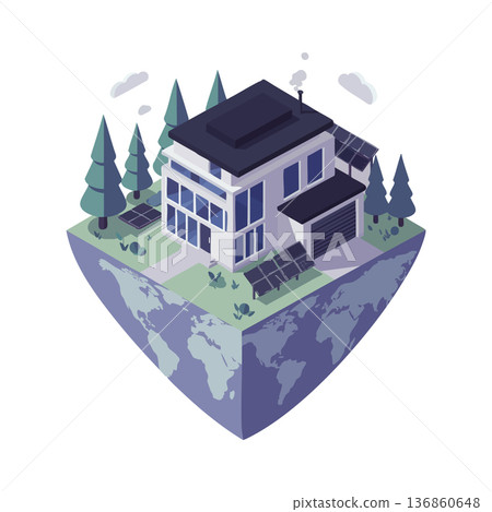 Modern eco house with solar panels and surrounding pine trees on floating earth cube sustainable energy concept vector illustration 136860648