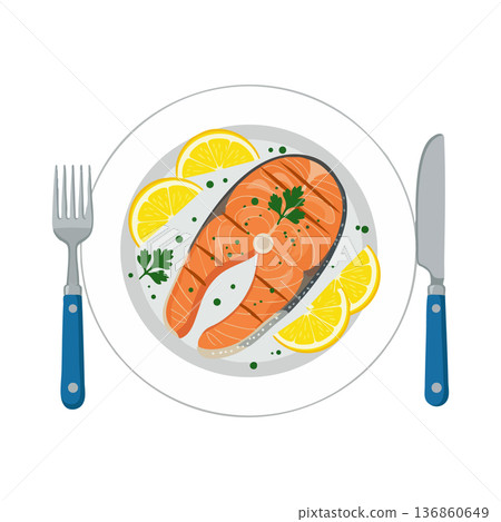 Salmon steak with lemon slices and herbs served on white plate with fork and knife vector illustration 136860649