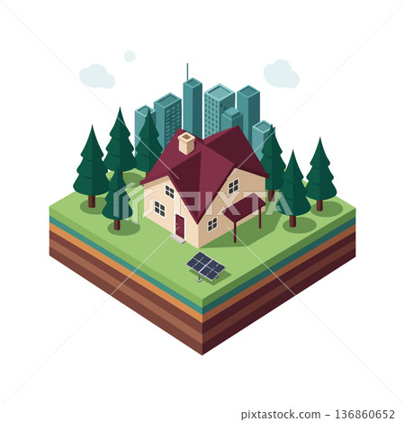 Isometric suburban house with solar panel surrounded by pine trees and city skyscrapers sustainable energy concept vector illustration Isometric suburban house with solar panel surrounded by pine trees and city skyscrapers sustainable energy concept vector illustration 136860652