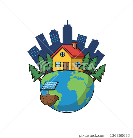 Earth globe with house trees solar panel and cityscape representing sustainable living and green energy concepts vector illustration Earth globe with house trees solar panel and cityscape representing sustainable living and green energy concepts vector illustration 136860653