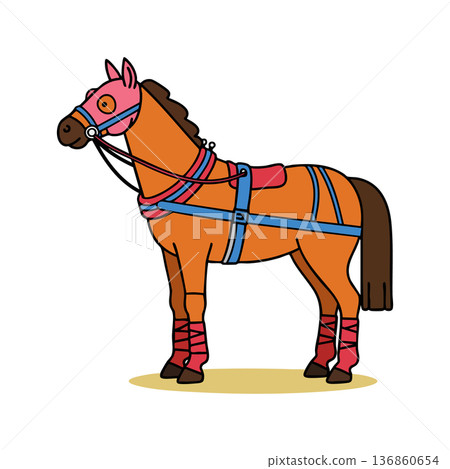 Horse with colorful harness and protective leg wraps standing on patch of ground vector illustration 136860654