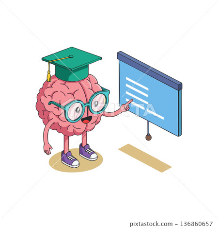 Brain character with graduation cap presenting on blue board education and learning concept vector illustration Brain character with graduation cap presenting on blue board education and learning concept vector illustration 136860657