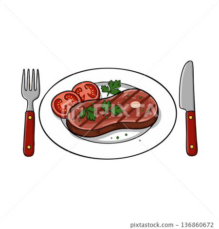 Grilled steak with tomato slices and parsley garnish on white plate with fork and knife vector illustration Grilled steak with tomato slices and parsley garnish on white plate with fork and knife vector illustration 136860672