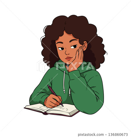 Young woman writing in notebook with thoughtful expression wearing green hoodie vector illustration 136860673