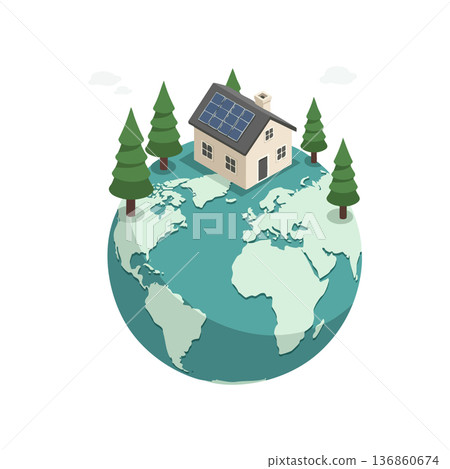 House with solar panels on globe surrounded by pine trees renewable energy concept illustration 136860674