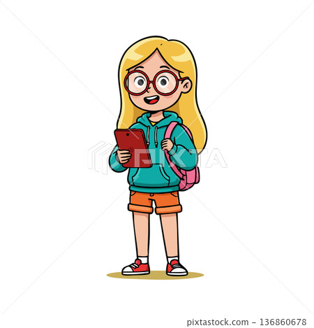Girl with tablet wearing glasses backpack and casual clothes holding device digital technology vector illustration Girl with tablet wearing glasses backpack and casual clothes holding device digital technology vector illustration 136860678