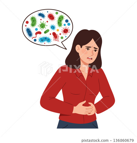 Woman feeling stomach pain with bacteria and virus germs illustration showing infection or illness symptoms vector Woman feeling stomach pain with bacteria and virus germs illustration showing infection or illness symptoms vector 136860679