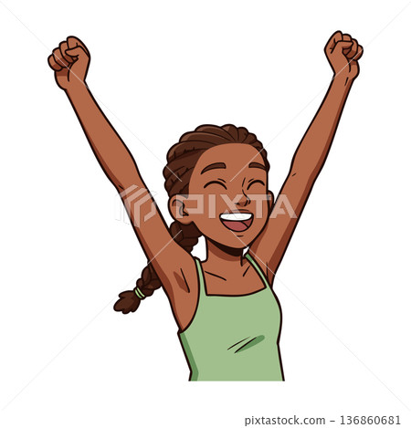 Happy young girl celebrating success with raised arms and joyful expression in green top vector image 136860681