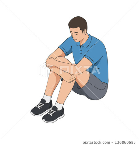 Sad young man sitting on floor in blue shirt and gray shorts feeling lonely and thoughtful vector illustration 136860683