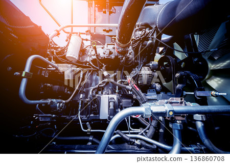 Modern new agricultural tractor engine. Machinery and equipment 136860708