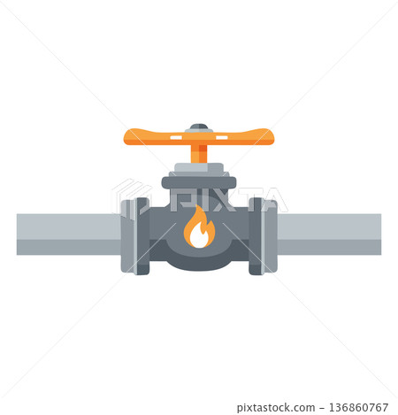 Gas valve with orange handle and flame symbol on pipeline vector illustration for industrial safety and control mechanisms Gas valve with orange handle and flame symbol on pipeline vector illustration for industrial safety and control mechanisms 136860767