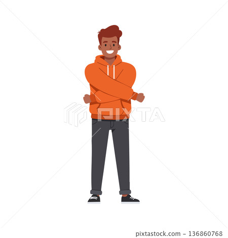 Young man smiling with crossed arms wearing orange hoodie and dark pants casual style vector illustration Young man smiling with crossed arms wearing orange hoodie and dark pants casual style vector illustration 136860768