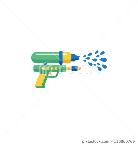 Colorful green and yellow water gun shooting blue water drops in playful summer toy design vector illustration Colorful green and yellow water gun shooting blue water drops in playful summer toy design vector illustration 136860769