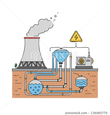 Industrial power plant vector with cooling tower water treatment and energy generation system illustration 136860770