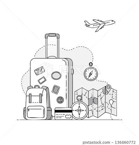Travel essentials vector with suitcase backpack map compass credit card and airplane flying illustration Travel essentials vector with suitcase backpack map compass credit card and airplane flying illustration 136860772