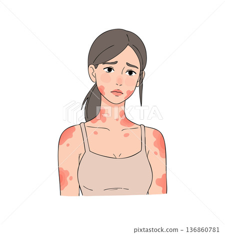 Woman with skin rash showing irritation and discomfort in vector medical health concept illustration 136860781