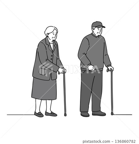 Elderly man and woman walking with canes in simple monochrome vector style for senior support and aging concept illustration Elderly man and woman walking with canes in simple monochrome vector style for senior support and aging concept illustration 136860782
