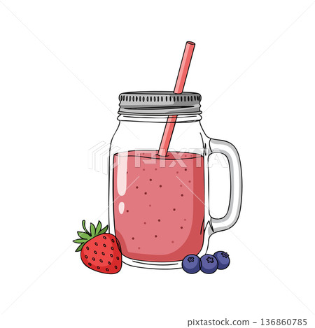 Strawberry and blueberry smoothie in mason jar with straw healthy drink vector illustration Strawberry and blueberry smoothie in mason jar with straw healthy drink vector illustration 136860785