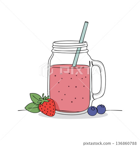 Strawberry blueberry smoothie in mason jar with straw and fresh berries vector illustration for healthy drink design 136860788