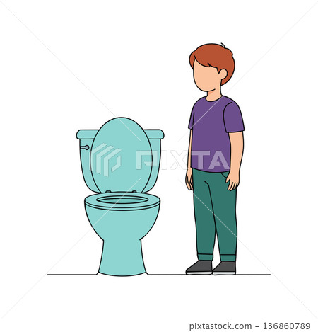 Boy standing next to open toilet bowl in simple vector style with blue and purple colors for bathroom design concepts 136860789
