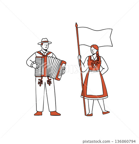 Traditional folk musicians playing accordion and holding flag in ethnic costume vector illustration 136860794