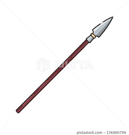 Spear weapon with sharp metal tip and long brown wooden handle vector illustration for hunting or combat design Spear weapon with sharp metal tip and long brown wooden handle vector illustration for hunting or combat design 136860799