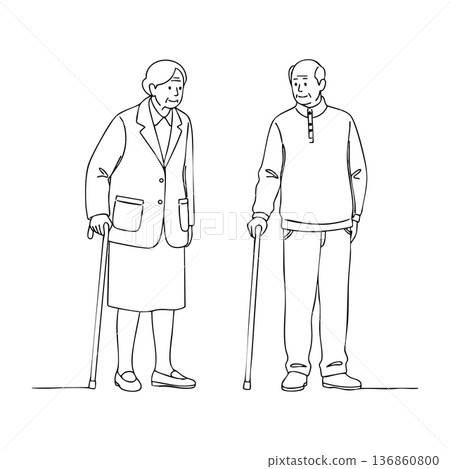 Elderly man and woman standing with walking canes black and white line art vector illustration for senior care and aging support concept Elderly man and woman standing with walking canes black and white line art vector illustration for senior care and aging support concept 136860800