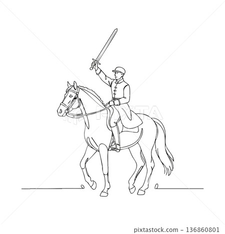 Mounted soldier raising sword in battle pose vector line art drawing illustration Mounted soldier raising sword in battle pose vector line art drawing illustration 136860801