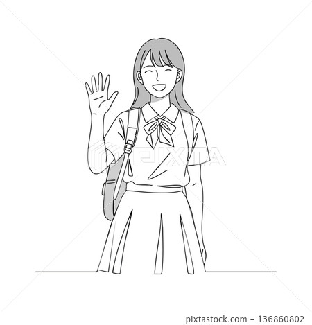 Smiling schoolgirl waving hand with backpack in casual uniform happy gesture vector illustration Smiling schoolgirl waving hand with backpack in casual uniform happy gesture vector illustration 136860802