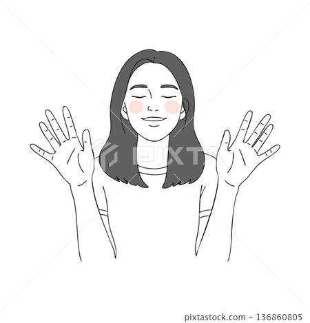 Woman with closed eyes smiling and raised hands in peaceful calm expression vector illustration 136860805