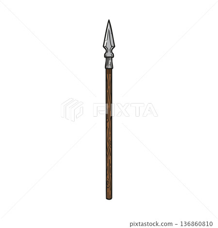 Spear with wooden shaft and metal pointed tip traditional weapon for hunting or combat vector illustration Spear with wooden shaft and metal pointed tip traditional weapon for hunting or combat vector illustration 136860810