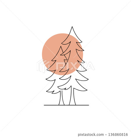 Pine trees with minimalist design and orange sun background vector illustration for nature and environment themes 136860816