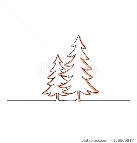 Pine trees simple line art vector design with minimalistic style and subtle red shadow effect 136860817